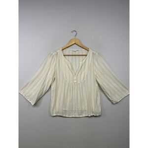 GAP Coastal Boho Linen Blend Womens Medium Yellow White Striped V-Neck Blouse